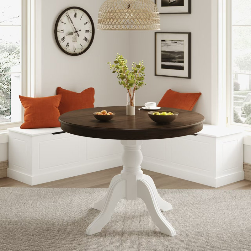 Breakfast Nook Dining Set Round Pedestal Table With L-Shaped Corner Storage Bench, White, Espresso Wood