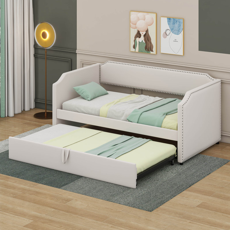 Twin Daybed With Pop Up Trundle,  Velvet Upholstered Extendable Day Bed Frame, Beige