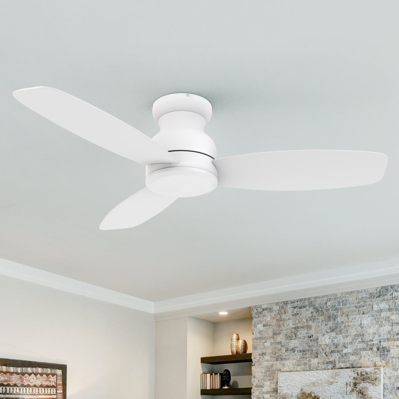 48 Inch Indoor Flush Mount Ceiling Fan without light, White with White Blades