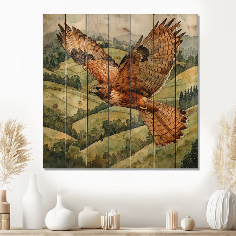 Aigle faucon au-dessus du pâture - Art mural en bois d'oiseau - sur bois de pin naturel, H 15 po x l 15 po x P 0,78 po