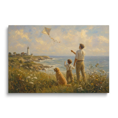 Reproduction sur toile d'un tableau représentant un père, son fils et leur chien faisant voler un cerf-volant - 50 x 75 cm