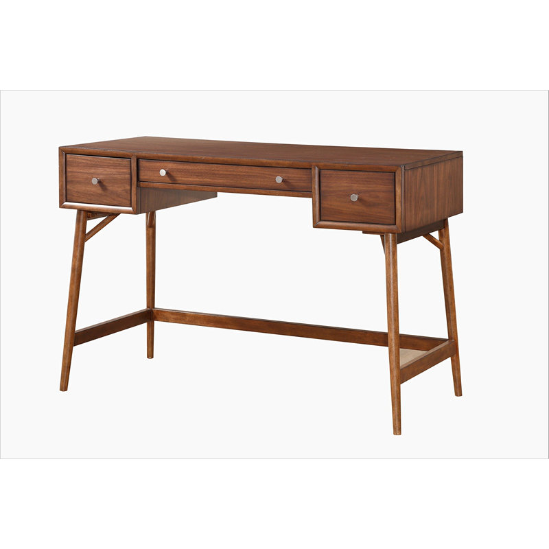 Bureau de style moderne à hauteur de comptoir avec tiroirs de rangement à finition brune et quincaillerie à poignée en nickel