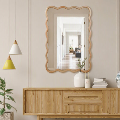 24"x36" Wavy‑Rectangle Solid‑Wood‑Frame Decorative Wall Mirror, Natural Wood Finish, for Bedroom, Bathroom, Living Room & Entryway