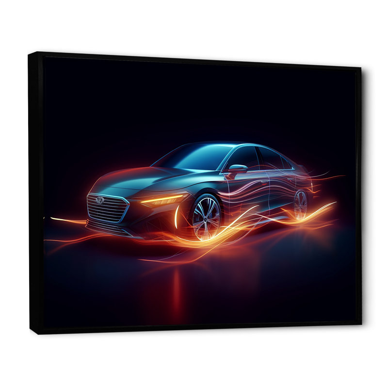 «Neon Light Strips Luxury Car On», reproduction sur toile, Cadre flottant noir, H 16 po x l 32 po x P 1 po