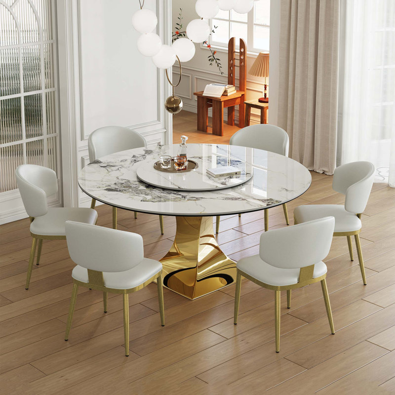 Ensemble de table de salle à manger de 59 po en pierre frittée 59 po avec base de sablier en acier inoxydable et 6 chaises rembourrées - table de cuisine en marbre de luxe moderne pour 4 à 6 personnes