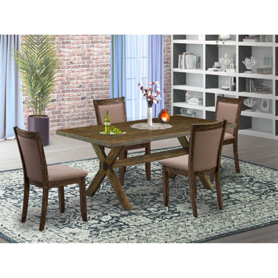 Distressed Jacobean Finish Solid Wood Top Dining Table with Parson Chair with Lattice Back