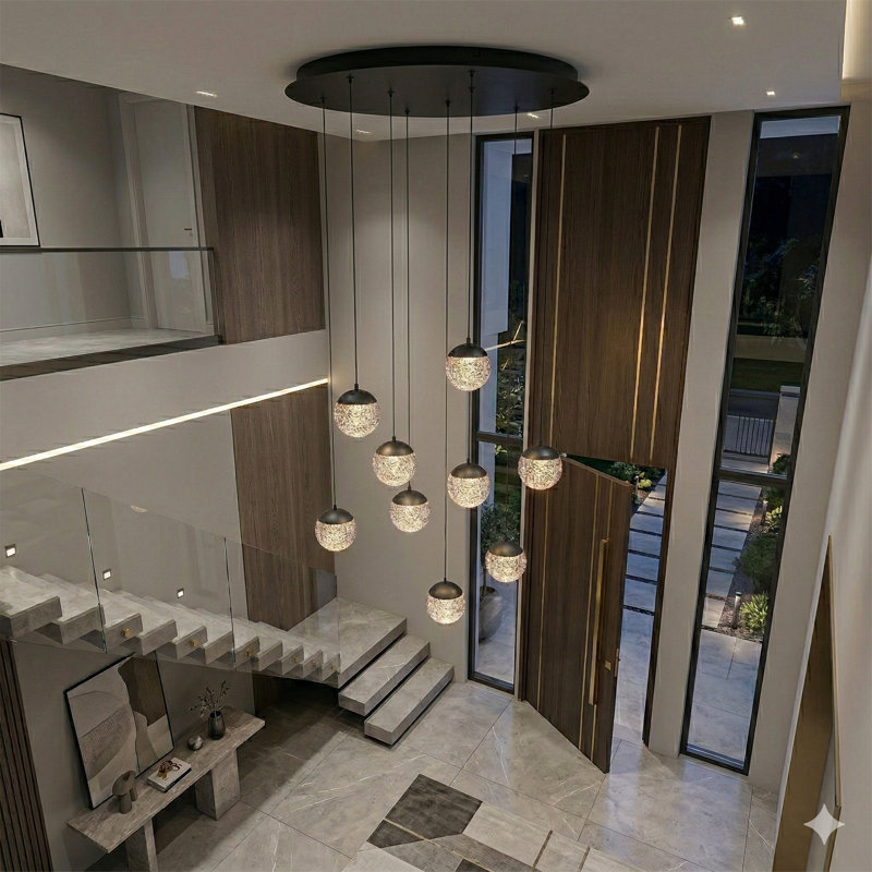 Luminaire suspendu en forme de globe à DEL 9 lumières avec accents de cristal Heatherly, Noir, noir, noir, noir