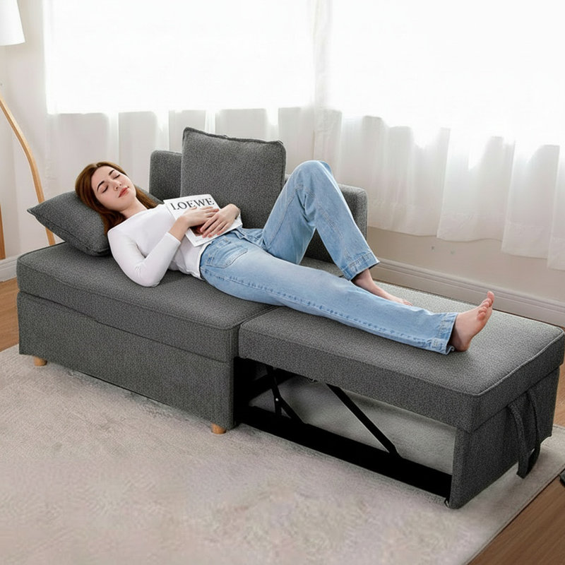 Canapé-lit en lin convertible 4-en-1 Adda de 71 po Adda, fauteuil en lin pour petit espace, canapé-lit futon avec 2 coussins décoratifs pour le salon, fauteuil inclinable simple avec 5 dossiers réglables pour la chambre à coucher