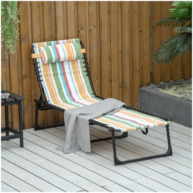 Outsunny Folding Chaise Lounge Pool Chair, Patio Sun Tanning Chair, Outdoor Lounge Chair w/ 4-Position Reclining Back, Pillow, Breathable Mesh & Bungee Seat for Beach, Yard, Patio, Rainbow Striped