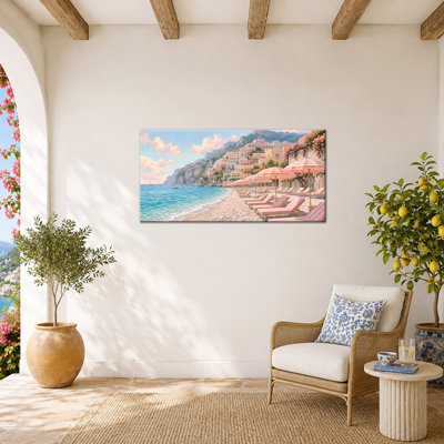 Art mural sur toile Amalfi Coast mettant en vedette des rangées de parasols de plage à rayures roses et une atmosphère de station balnéaire pastel pour chambre d'amis, galerie tendue et prête à accrocher, 24 po x 12 po