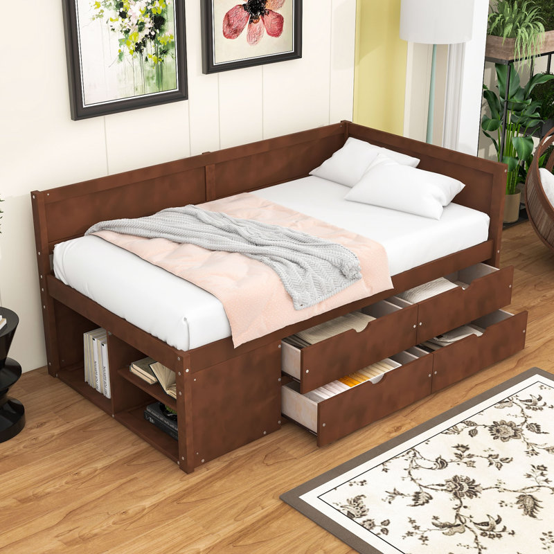 Wood Daybed with Pull-Out Drawers and Shelves, Walnut, Twin