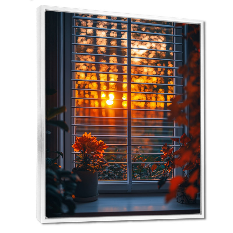 Window In The Forrest Sunrest - Art mural de fenêtre pour le salon, H 20 po x l 12 po, Impression encadrée flottante, Blanc