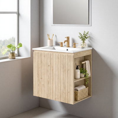 Meuble-lavabo mural de 24 po avec lavabo en céramique, armoire à 2 portes, tablette ajustable en U, charnières à fermeture en douceur, poignées dissimulées et rangement latéral ouvert