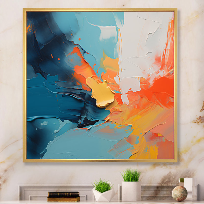Blue And Orange Paint Expression 3 - Abstract Wall Art, Gold Floater Framed, 30" H x 30" W x 1.5" D