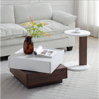Table basse rotative à 2 tiroirs, table haute en bois à 2 niveaux avec rangement, table basse carrée avec plateau pivotant pour le salon