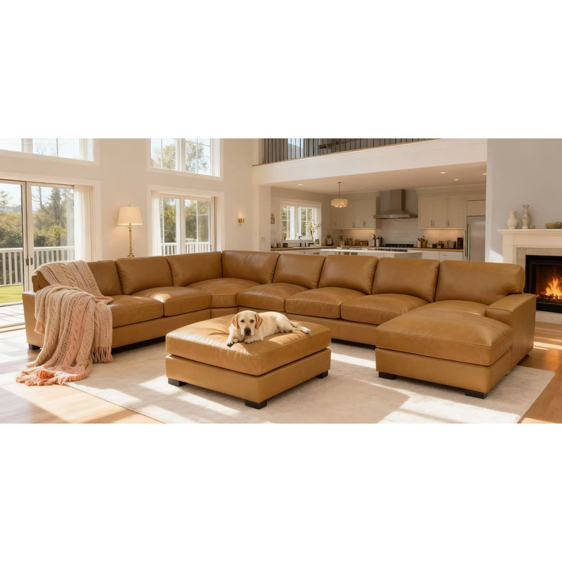 Canapé modulaire en cuir véritable 6 pièces Gabriel, Cuir véritable brun clair caramel