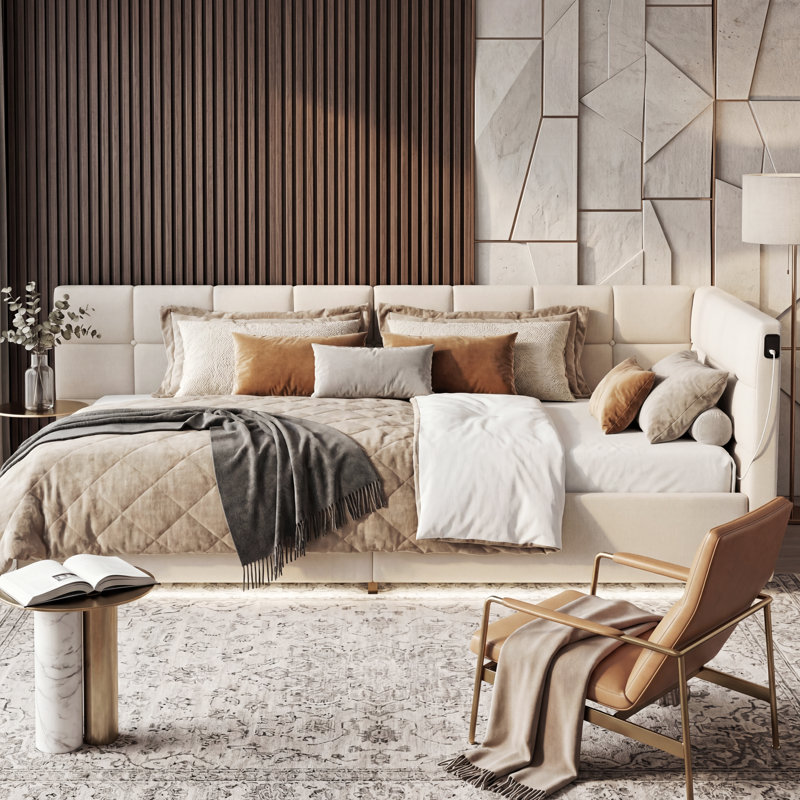 EU & UK Single Ottoman Daybed, Velvet Upholstered Sofa Bed with RGB LED Lights & USB/Type-C Charging, Grey/Cream, Cream