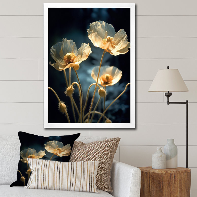 «Cream Vibrant Poppies II», reproduction sur toile, H 44 po x l 34 po x P 1,5 po, Cadre simple blanc