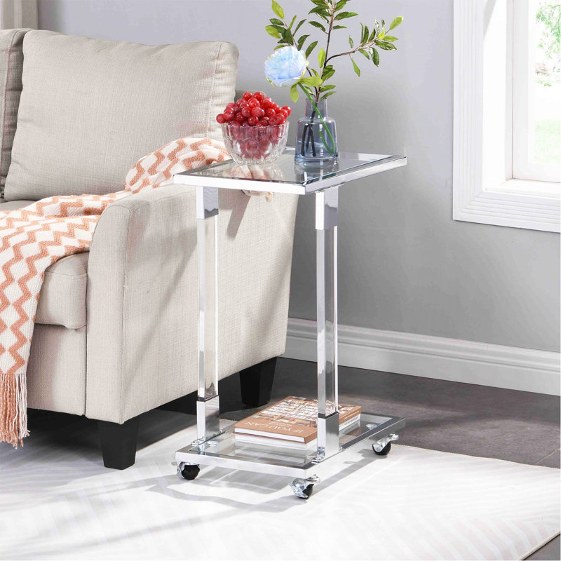 Table d'appoint en verre chromé, table de bout en acrylique, table carrée en C avec base en métal pour le salon, la chambre à coucher, le balcon, la maison et le bureau