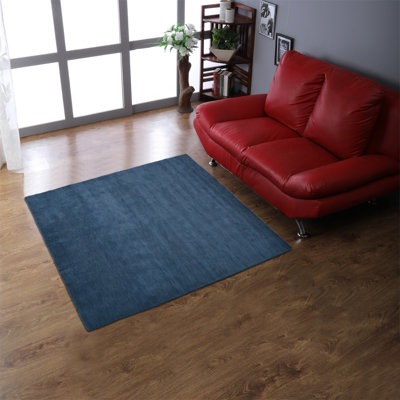 Hand Knotted Loom Wool Eco-Friendly Area Rugs - Square | Blue Color | Solid Design | Area Rugs for Living room, Bedroom