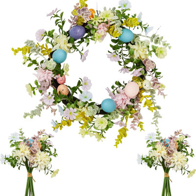 22in Easter Wreath, Artificial Multicolor Eggs and Spring Flowers Decor, Fake Flower Door Wreath with Real Rattan Base, Includes 2 Matching Bouquets, Front Door, Home, Decor