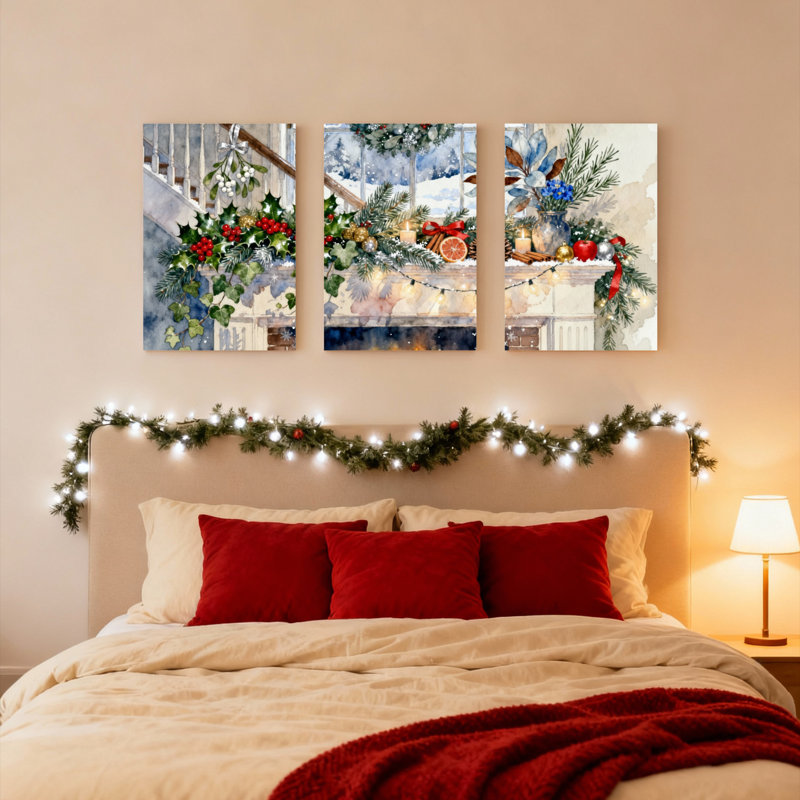 Ensemble de 3 tableaux sur toile tendue représentant un motif de houx et de pin pour le foyer, sur le thème de Noël.