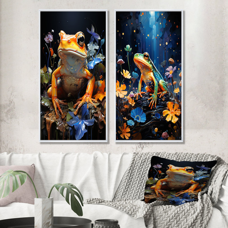 «Orange Frog On Glass Effect - Frogs & Toads», ensemble de 2 impressions sur toile, Cadre blanc, H 32 po x l 33 po