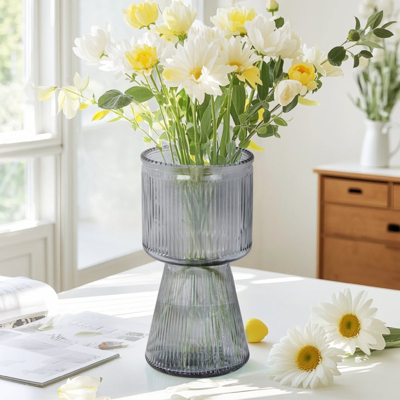 H7.5 Inch Ribbed Glass Vase, Crystal Glass Flower Vase, Fluted Clear Vases For Flowers, Mini Flower Vase For Living Room, Dining Table, Entryway, Centerpiece, Wedding