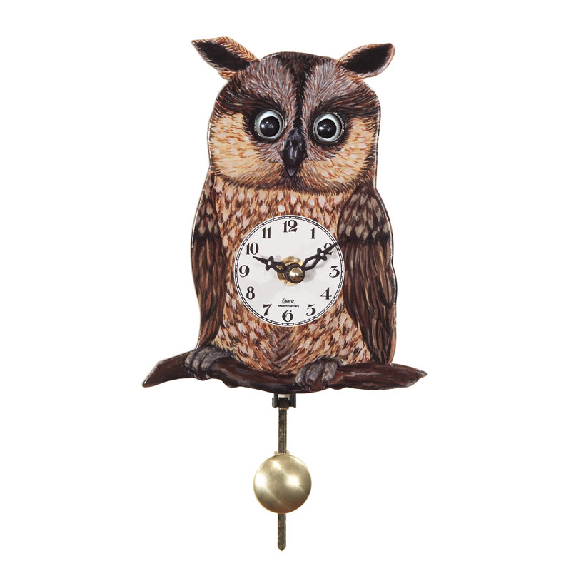  Owl Shaped Quartz Wall Clock with Moving Eyes and Swinging Pendulum Motion 6" H