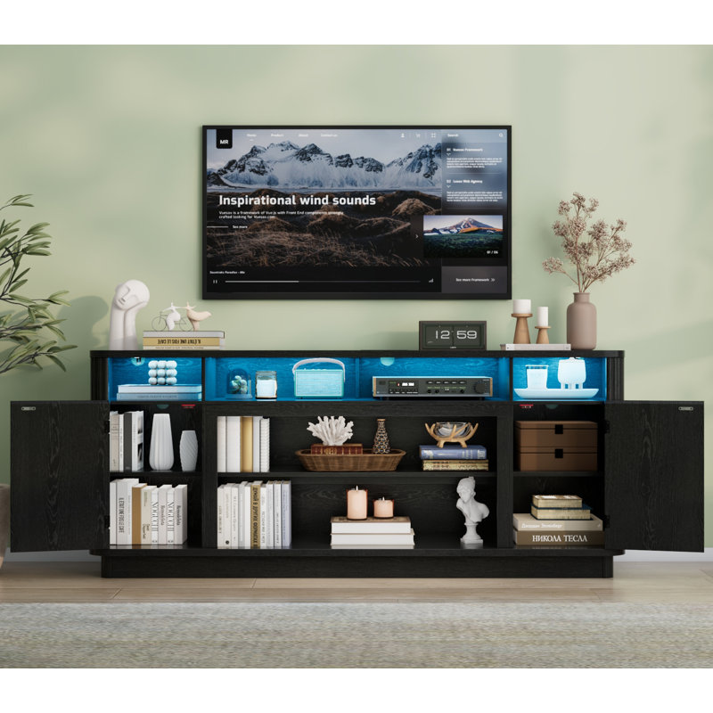 70" Fluted TV Stand For Tvs Up To 80", Entertainment Center with LED Light & Power Outlet, Vintage Double Door Cabinet For Living Room, Bedroom