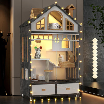 Luxury Cat Villa For Multi-cat Households: Extra Large Indoor Cat Enclosures With Litter Box And Drawer - Wooden Cat House On Wheels