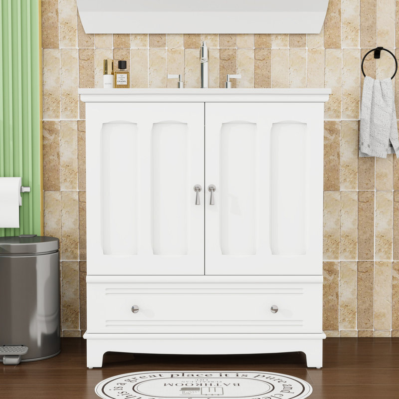 Meuble-lavabo avec tiroir divisé, lavabo en céramique et tablette réglable, Bleu