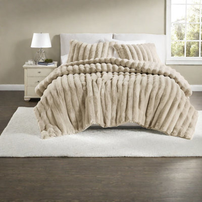 Ultra Soft Faux Fur King Bedding Sets, Ribbed Taupe Modern Home