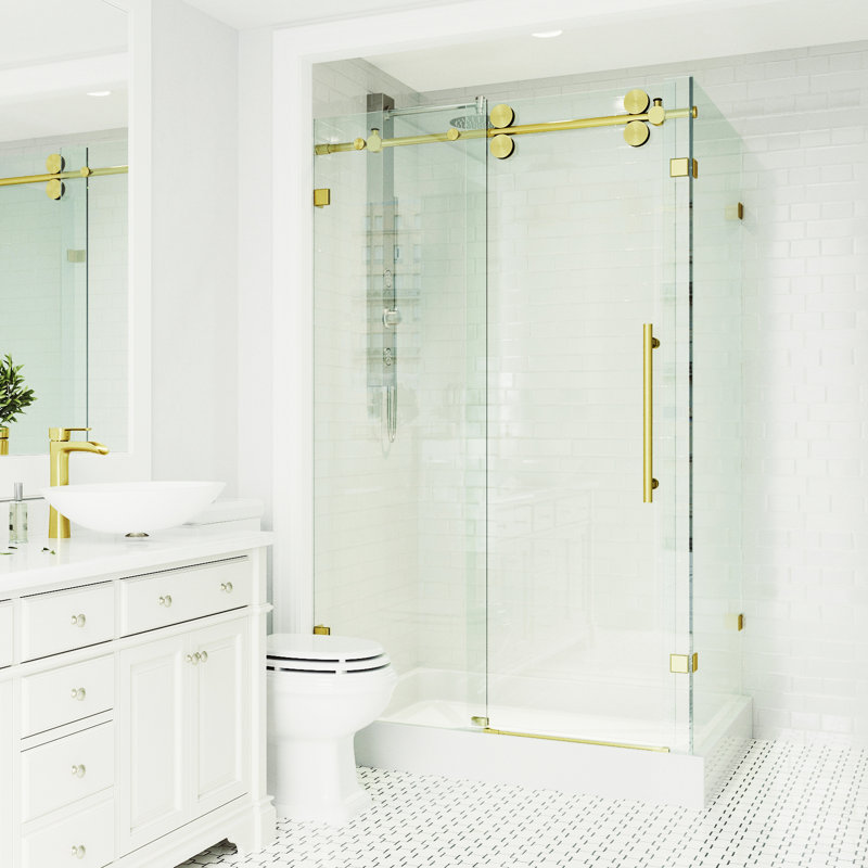 Winslow 48" W x 36" D x 80" H Sliding Frameless Shower Enclosure with 3/8  Clear Glass&Base, Matte Brushed Gold, Left