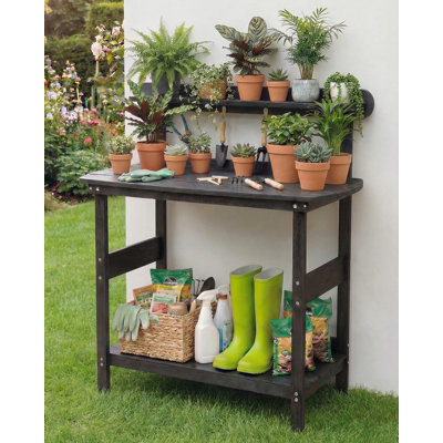 HIPS Outdoor Potting Bench, 3‑Tier Garden Work Station with 4 Hooks, All‑Weather Gardening Table for Backyard, Patio