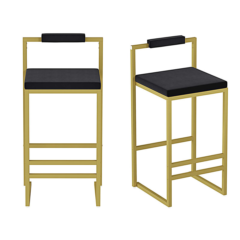 Tabourets de bar à hauteur de comptoir en velours avec dossier bas, Noir, Doré