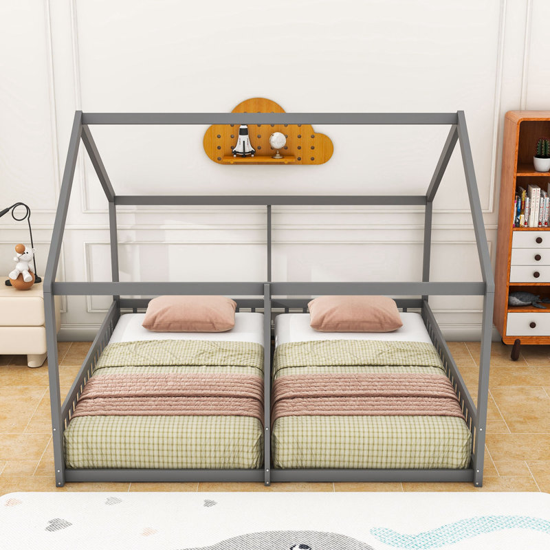 Lit plateforme simple et simple avec garde-corps et lattes, Gris
