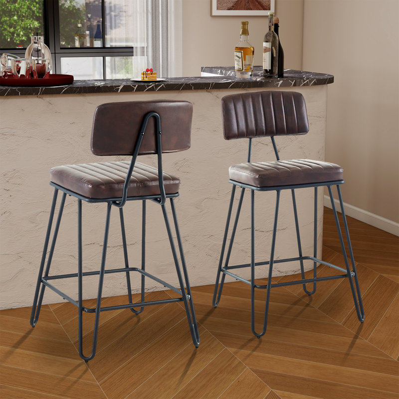 Set Of 2 Upholstered Industrial Bar Stools, Pu Leather, Brown