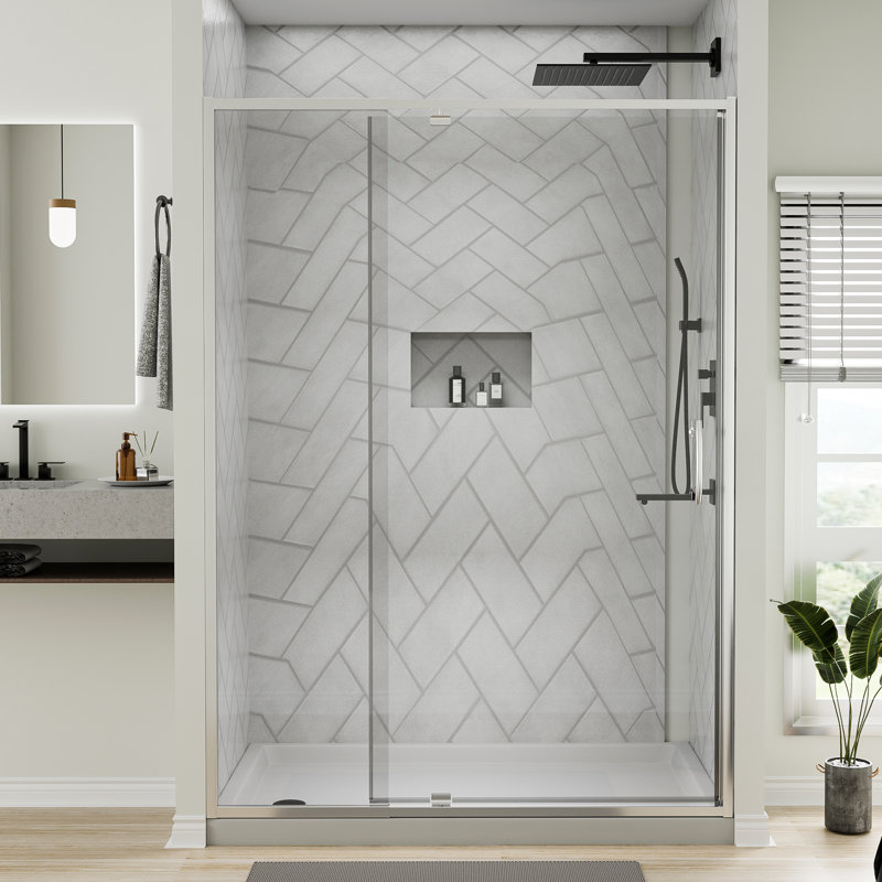 44-48" Wide X 71" High Pivot Semi-Frameless Shower Door With Clear Glass, Polished Chrome