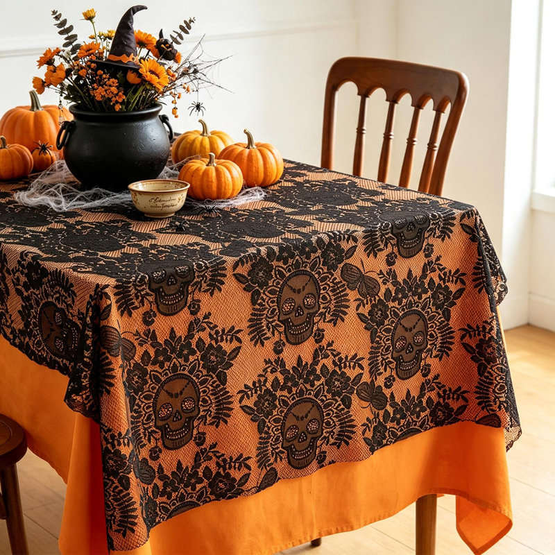Black Lace Halloween Tablecloth 86.61x39.37 Inch, Skull Pattern Rectangular Polyester Table Cover for Halloween Party Dining Table Decor