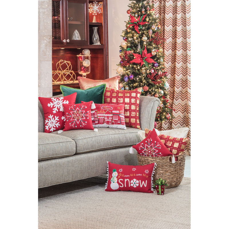 Red and White Embroidered Christmas Lumbar Pillow