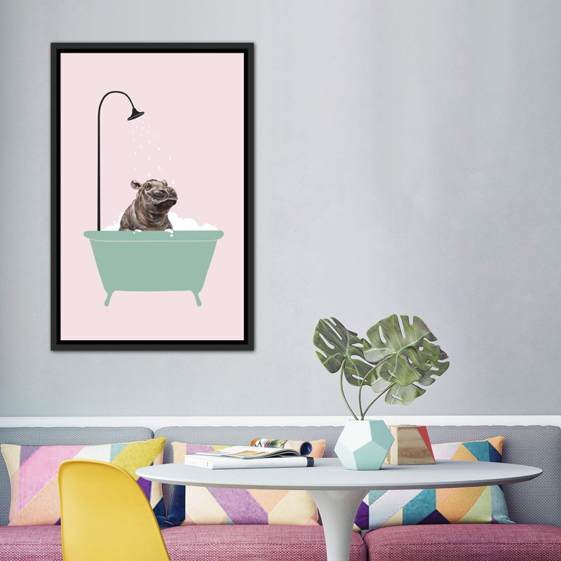 Hippopotame dans une baignoire, art encadré, H 60 po x l 40po x P 1,5 po, Toile avec cadre noir