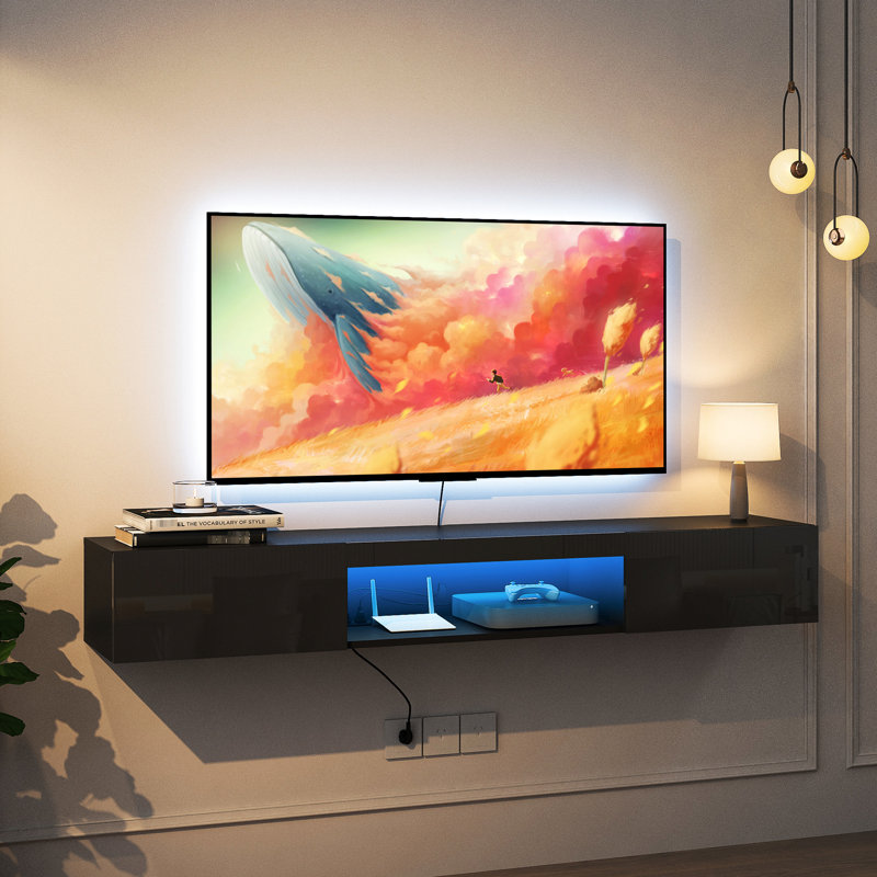 Meuble audio-vidéo flottant 16 couleurs, compatible avec les téléviseurs de 55 à 65 pouces et les téléviseurs de 63 po avec support mural pour 55 à 65 téléviseurs, noir