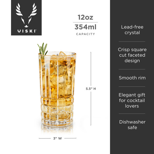 Viski Highland Highball Drinking Glasses Set of 4 - Premium Crystal Square  Cut Tall Cocktail Glassware Gift Set, 12 oz