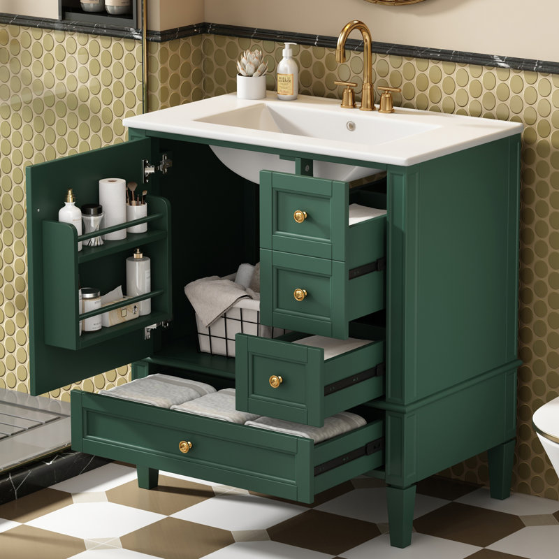 Meuble-lavabo 3 tiroirs 3 po avec lavabo en céramique, Vert