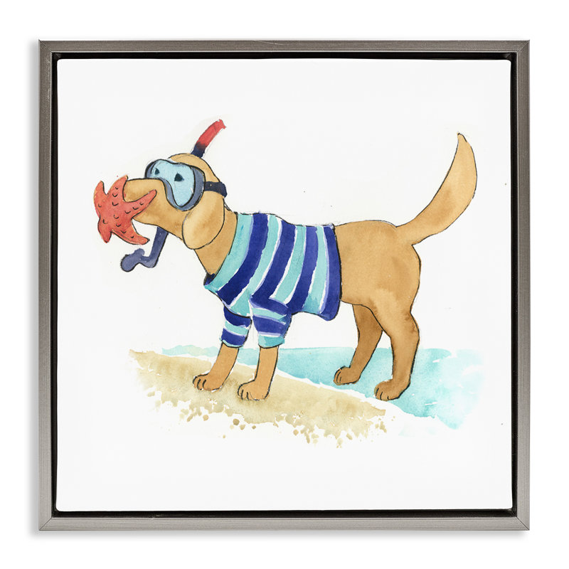 «Sandy Dog with Snorkel Grey», encadrée par Geoff Allen, H 18 po x l 18 po, Cadre flottant métallique doré
