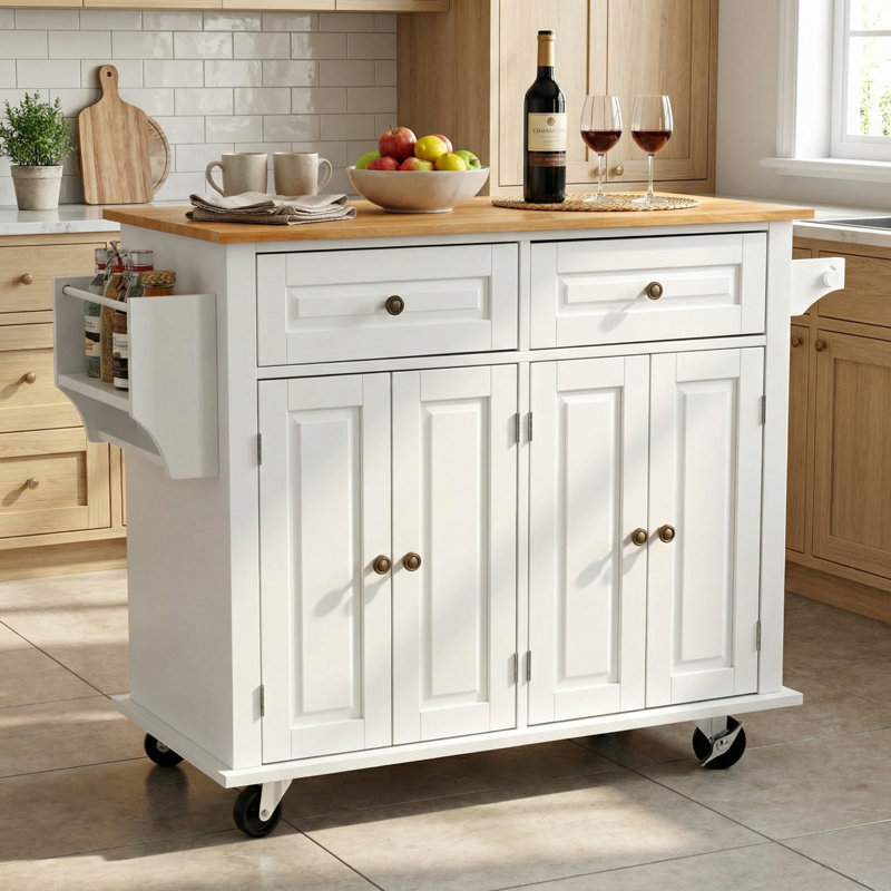 43.3'' Wide Rolling Kitchen Island with Storage and Solid Wood Top, Black