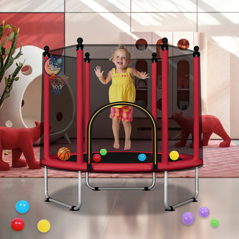 Petit trampoline 55 po pour enfants, trampoline d'intérieur pour tout-petits 4,6 pi avec enceinte de sécurité et panier de basketball
