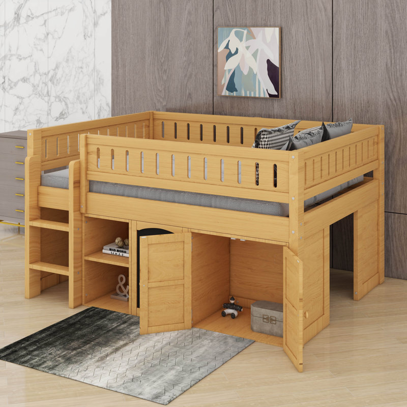 Lit mezzanine double avec armoire, Naturel