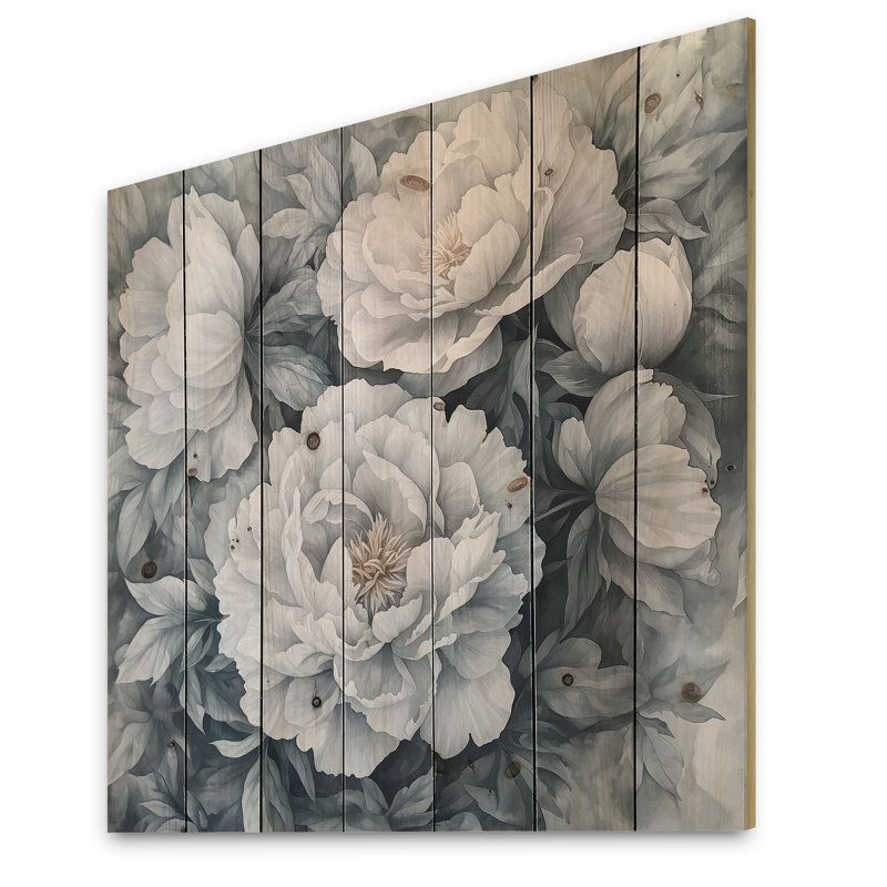 Frosted Monochrome Peonies Bloom II - Peonies Wood Wall Decor - On Natural Pine Wood, 25" H x 25" W x 0.78" D